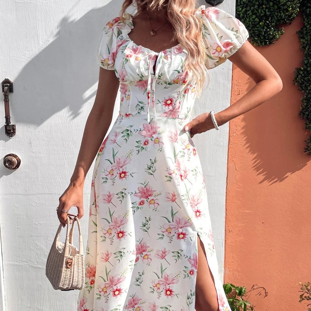Boho Floral Print Puff Sleeve Knot Front Split Thigh Dress - Picture 2 of 5